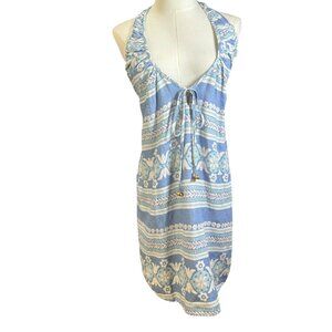 Free People Linen Blend Halter Mini Dress Blue Boho Floral Stripe Pattern Size M